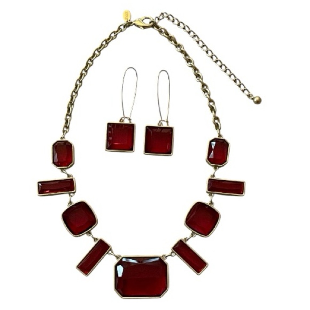 Chico’s Red Goldtone Statement Necklace and Earrings Set